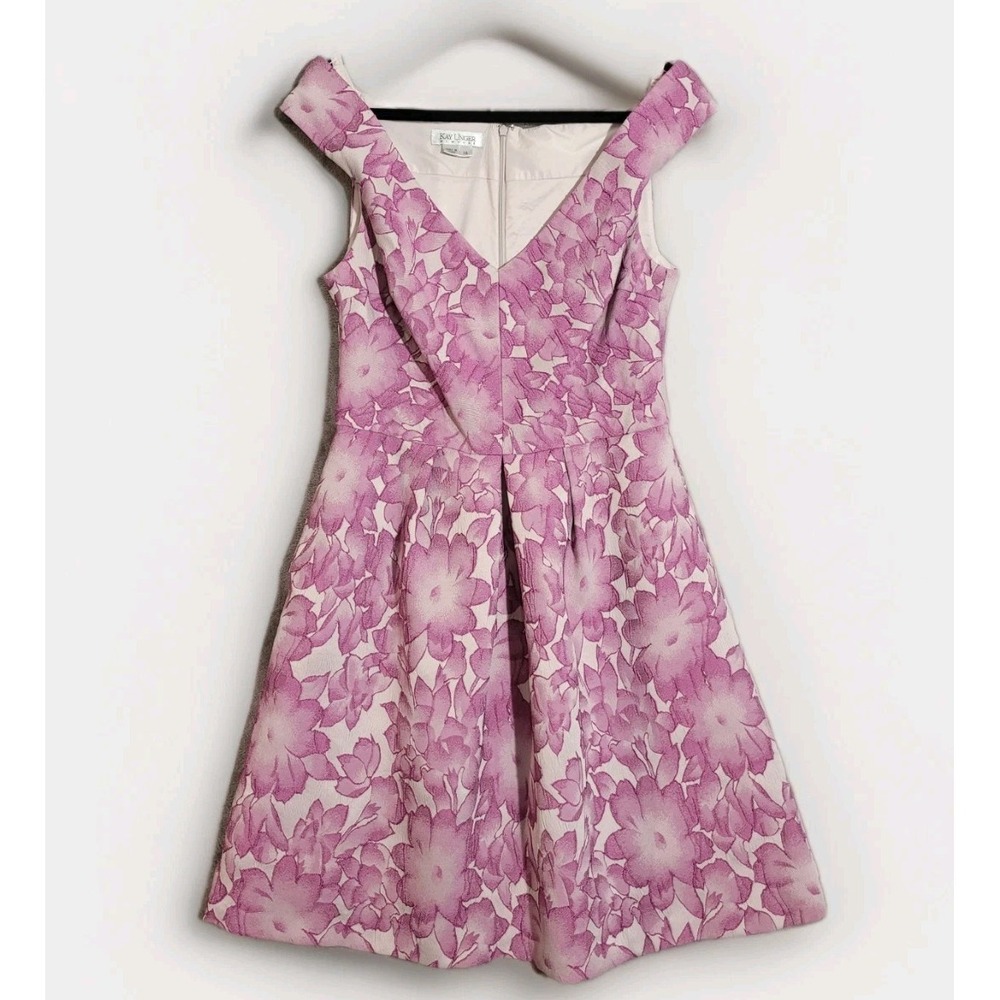 Kay Unger NY Retro Fit & Flare‎ Dress Pockets Gray Purple Floral Print Sz 14